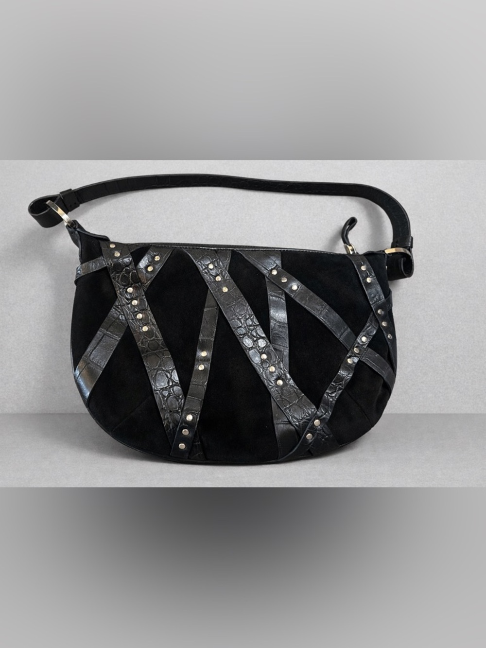 Donald J. Pliner Black Suede & Leather Studded Messenger Bag